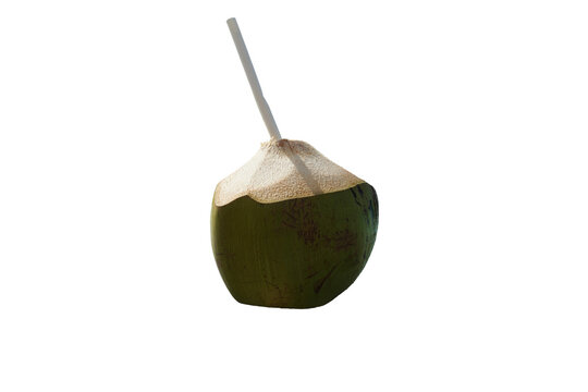 A freshly opened young green coconut with straw for tropical refreshment and healthy hydration, isolated on transparent PNG background