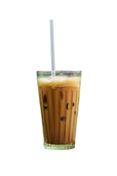 Refreshing iced coffee or milk tea beverage with foam and ice cubes isolated on transparent PNG background