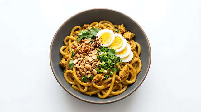 Authentic Nan Gyi Thoke Burmese thick noodle salad with chicken curry, isolated on white