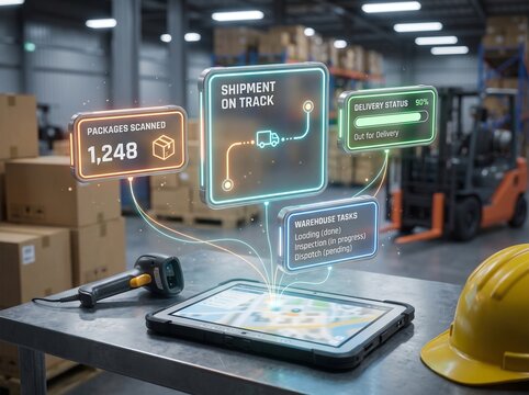 Smart warehouse logistics technology, digital shipment tracking interface on tablet, futuristic supply chain management system