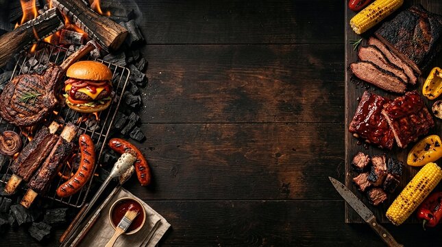 BBQ Restaurant Menu Background with Grilled Meat and Dark Wooden Table