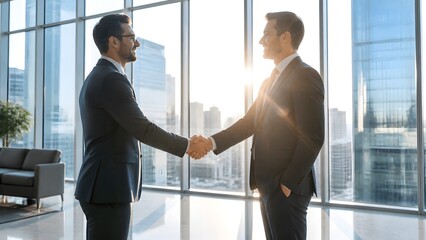 Plakat Two successful businessmen shaking hands in modern high-rise office with city view