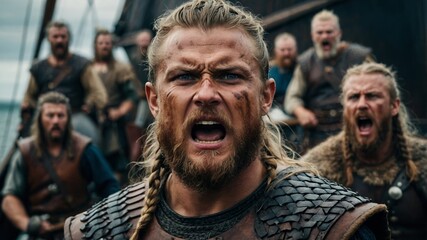 Fototapeta premium Fierce Viking warriors on a ship, ready for battle with war cries