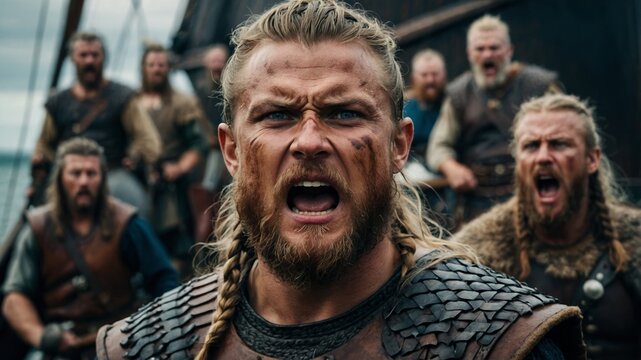 Fierce Viking warriors on a ship, ready for battle with war cries