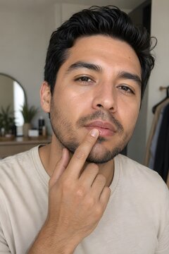 Handsome mexican man with a cleft lip scar applying satin lip color with his finger