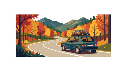 Naklejka premium Autumn Road Trip: Car Driving on Winding Road Through Colorful Fall Forest