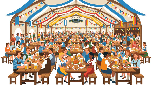 Bavarian Beer Tent Full of People Celebrating Oktoberfest, Festive Atmosphere