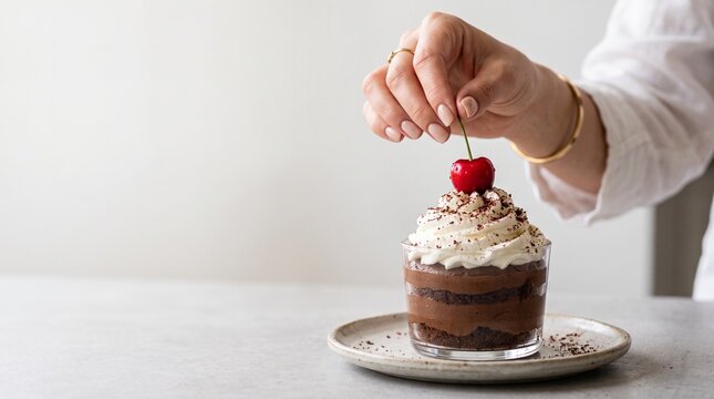 Hand decorating a chocolate dessert with a fresh cherry on top