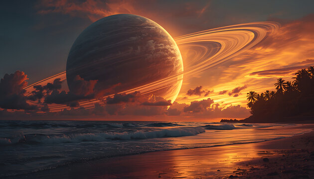 Giant ringed gas planet rising over tropical beach ocean with dramatic golden sunset clouds, sci-fi fantasy landscape
