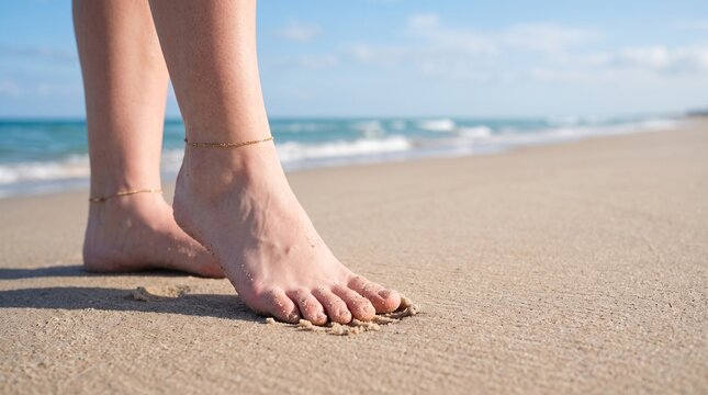 Bare feet with anklets walking on sandy beach with ocean waves