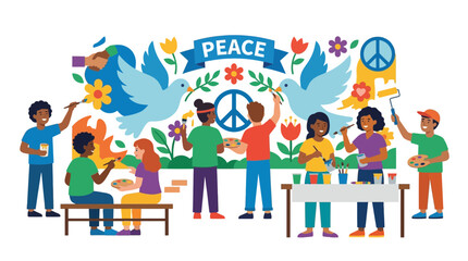 Fototapeta premium Diverse kids painting peace mural with doves, flowers, and symbols of unity