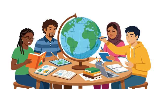 Diverse students learning geography and global studies around a table with a globe