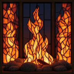 Obraz premium Colorful glass panels show a bonfire with orange and yellow hues, creating a warm atmosphere in a night scene