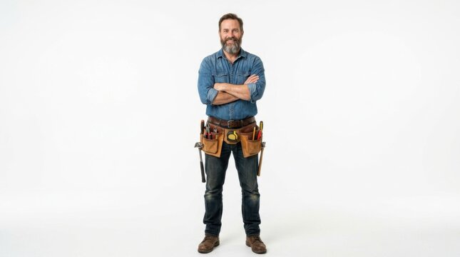 Smiling bearded handyman wearing a blue shirt and a leather tool belt standing with arms crossed
