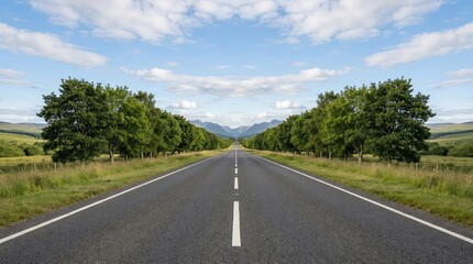 Naklejka premium Empty rural road with trees and mountains in the background