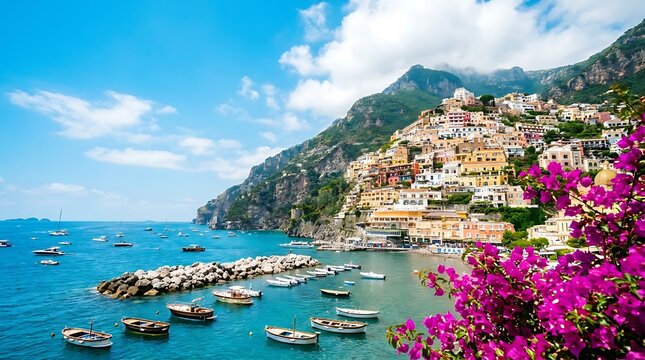 Picturesque coastal town of positano on the amalfi coast with colorful hillside houses and bougainvillea, positano