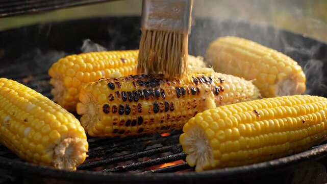 Fresh yellow corn on the cob grilling on a charcoal barbecue with butter brush application and rising steam outdoors