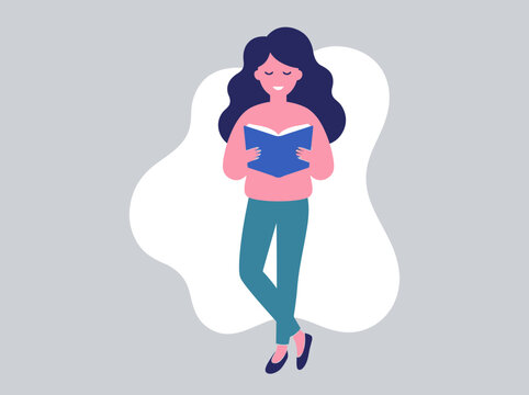 Flat Vector Illustration of a Young Woman Standing and Reading a Book