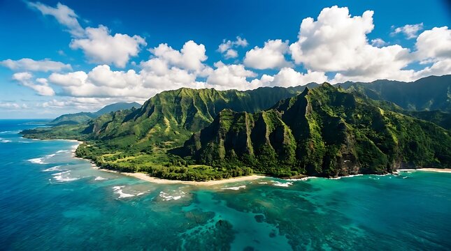 Aerial view of lush tropical napali coast mountains surrounded by clear blue ocean waters in kauai hawaii