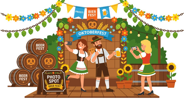 Oktoberfest couple taking selfies with beer, photo spot, festive decorations