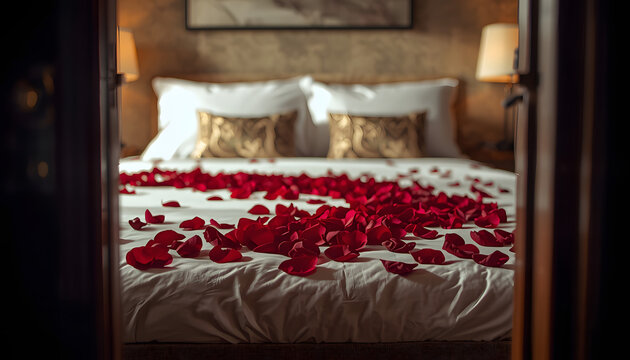 Romantic hotel bedroom decorated with fresh red rose petals scattered across white bed sheets for honeymoon
