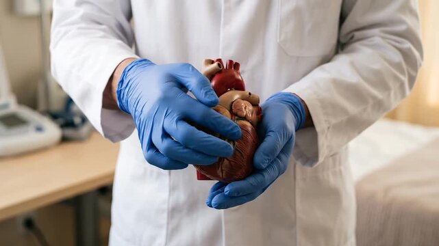 Doctor holding and examining an anatomical human heart model in clinic