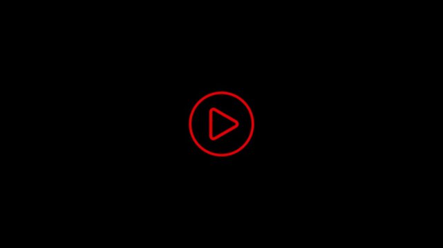 Red neon play button pulsing on black background, digital media interface
