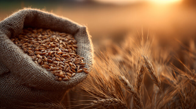 Burlap sack filled with golden wheat grains sitting inside a sunlit field during golden hour time