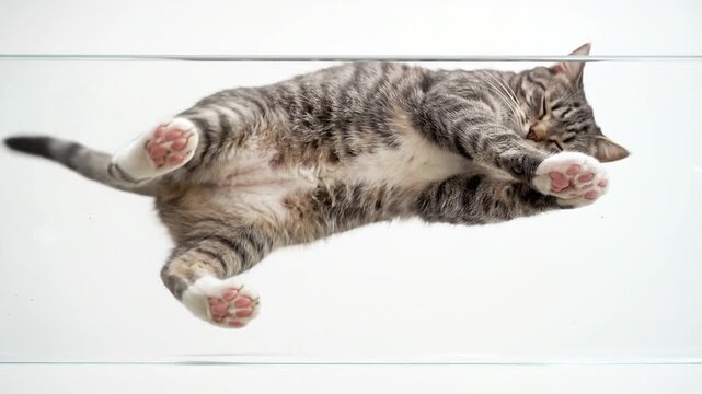 Tabby cat stretches on a transparent glass table, viewed from below.