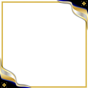 Vector illustration of a luxurious gold rectangular frame with dark blue, silver, and gold wave-like corners. Beautiful, flowing curves with metallic highlights. Space available for text or images. Is