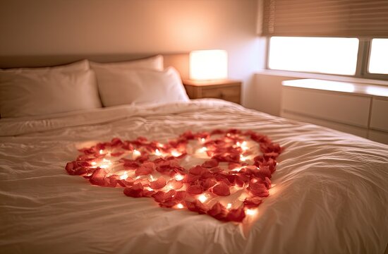 Romantic heart shape of red petals and lights on a rumpled white bed