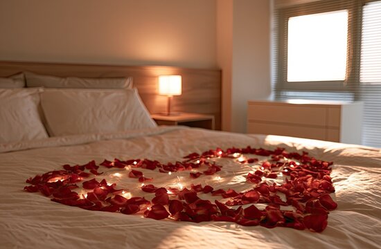 Heart of rose petals and fairy lights adorns a made-up bed