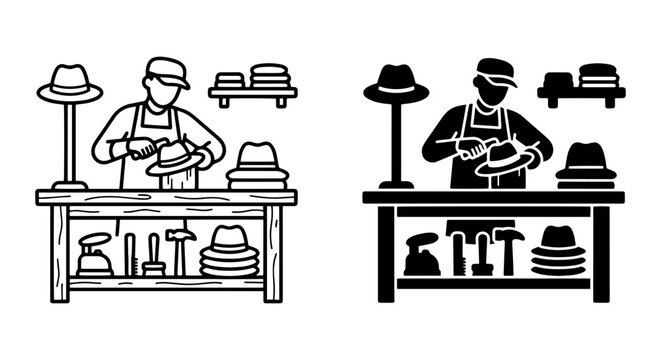 Hat Maker Workshop Vector Icons, Milliner Crafting Hats, Artisan Tools, Vintage Style