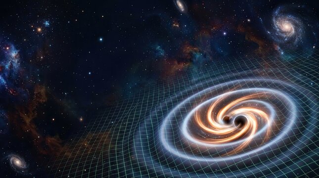 A swirling, luminous wormhole dominates the image, distorting the space-time continuum.