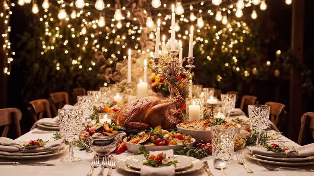 Elegant Festive Dinner Table Setting with Roasted Turkey and Warm Golden String Lights for Holiday Celebration