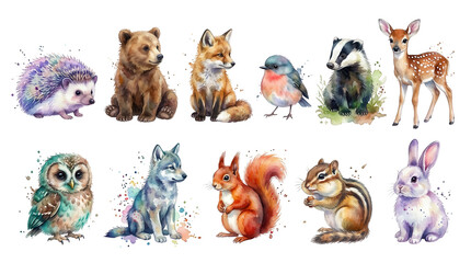 Fototapeta premium Watercolor illustration set of ten cute woodland animals including bear fox deer owl rabbit hedgehog badger squirrel chipmunk and wolf in artistic style forest collection