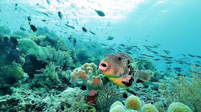 A gravid female map pufferfish Arothron mappa swims above a coral reef, showing a swollen abdomen filled with eggs before spawning.