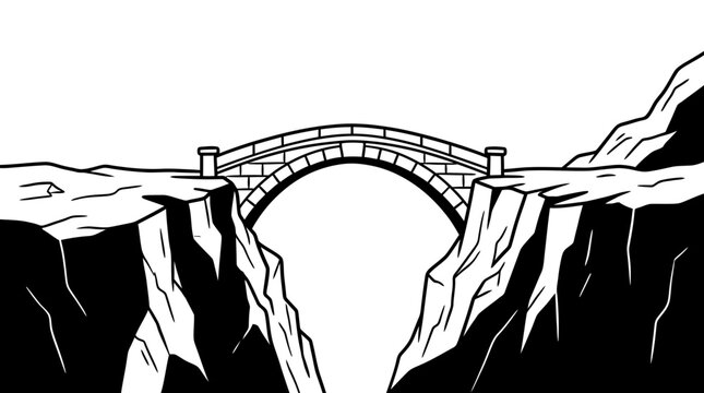 A black and white line art illustration of a stone arch bridge spanning a deep rocky canyon.