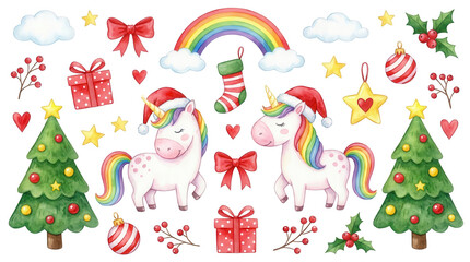 Fototapeta premium Watercolor Christmas illustration featuring cute unicorns wearing santa hats decorated holiday trees colorful rainbow wrapped presents festive stars bows stockings and winter elements