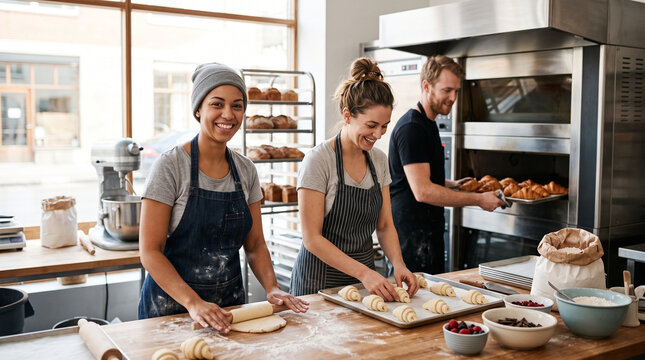 Bakery team preparing fresh pastries in kitchen