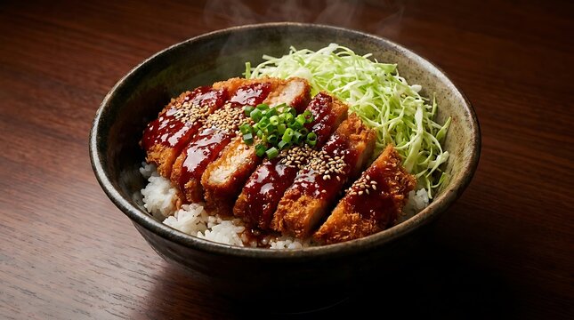 Delicious pork katsu don bowl with crispy fried meat cabbage and savory sauce on a dark wood table top. Nagoya rice bowl