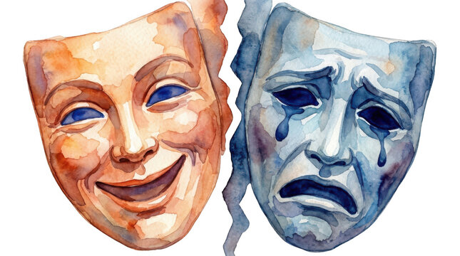 Watercolor painting showing two theatrical masks one smiling in warm orange tones and the other crying in cool blue shades representing comedy and tragedy drama concepts theater mask