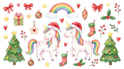 Naklejka premium Watercolor set of cute christmas unicorns wearing santa hats surrounded by festive holiday elements like trees bows stars stockings ornaments mistletoe and a colorful rainbow arch