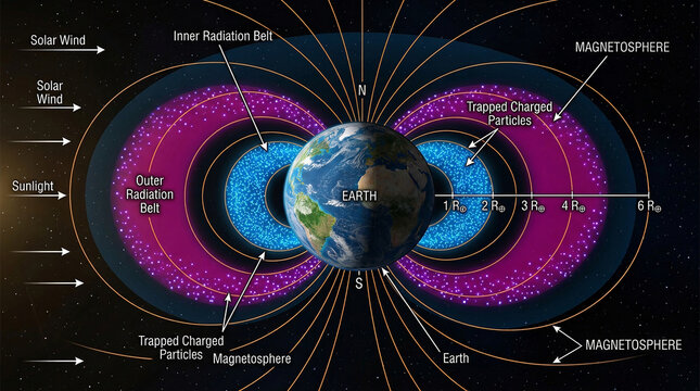 Scientific diagram of Earth Van Allen radiation belts and magnetic field structure