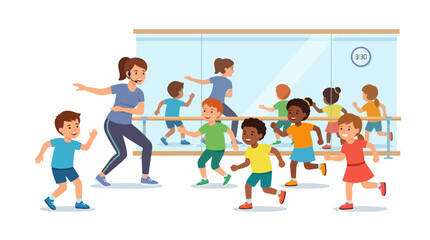 Fototapeta premium Children's Dance Class: Instructor Leads Energetic Kids in Fun Movement Session