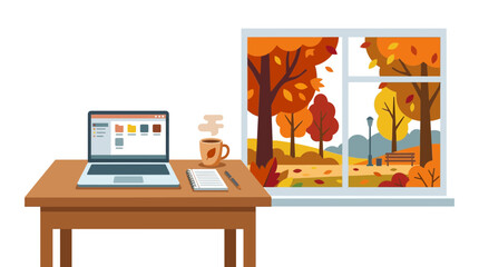 Fototapeta premium Cozy autumn workspace with laptop, coffee, and fall foliage view from window