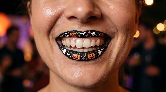 Halloween lip art with pumpkins and ghosts on black lipstick