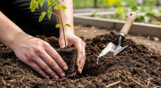 Hands Planting a Young Tree Seedling in Fertile Soil