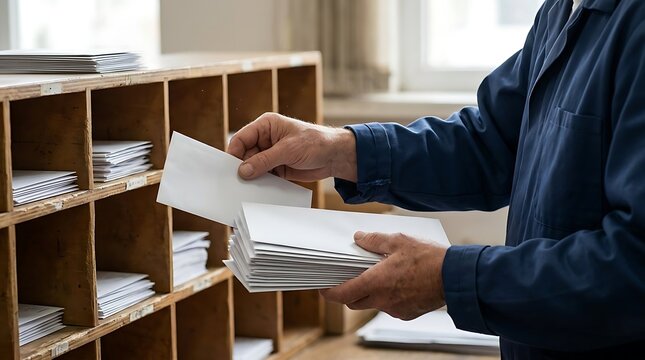 Person sorting envelopes into wooden mail slots in an office