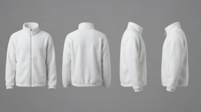 Men's White Fleece Jacket Four Views Front Back Right Side Left Side Fleece High Collar Zipper Gray

